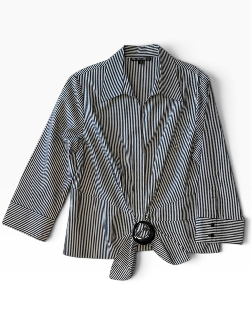 Lafayette 148 New York Striped Ring Tie-Front 3/4 Sleeve Blouse Size 14
